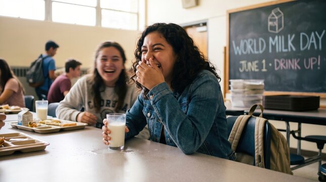 Two diverse female students laughing together in a school cafeteria during lunch break.