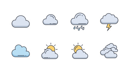 Obraz premium Cloud Weather Icons Set: Sun, Rain, Lightning, Overcast, Partly Cloudy, Stormy