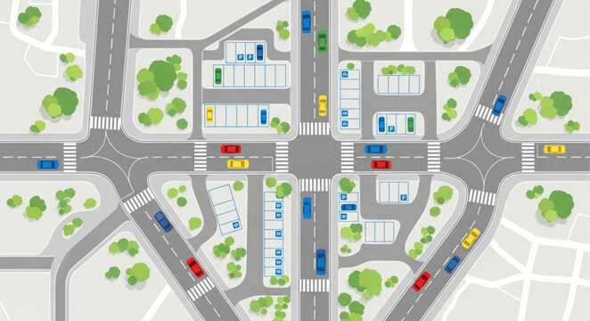 Aerial view of a busy city intersection with cars and buildings.