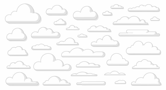 Collection of stylized white clouds with soft shadows on a clean white background
