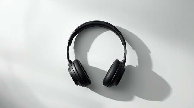 Black over ear headphones casting soft shadow on white surface, minimal high fidelity vibe