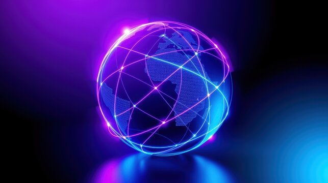 Glowing globe with network lines. Digital world concept, futuristic design, vibrant colors, dark background. Represents global connections.