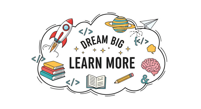 Education icons, learning symbols, dream big, school vector graphics, colorful illustrations