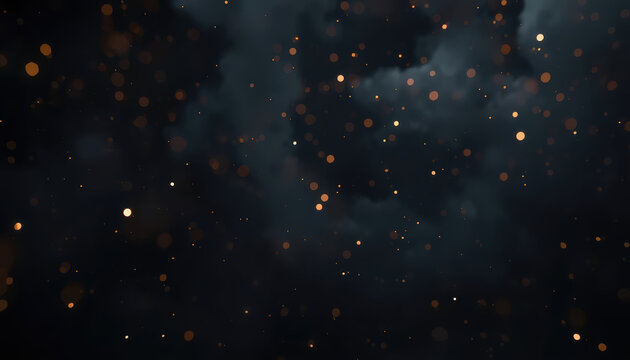 Dark bokeh particles floating over smoky black background creating moody atmosphere