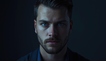 Obraz premium Intense young man portrait with dramatic low key lighting and moody expression