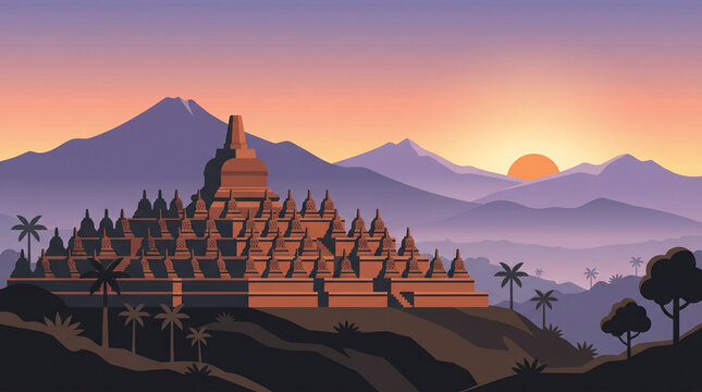 Borobudur temple stupa at sunrise vector, Indonesian landmark and cultural heritage.
