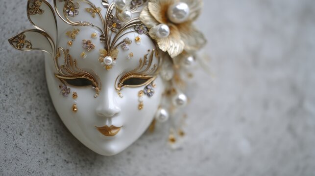 Ornate white Venetian mask with gold filigree, pearls, and gemstones