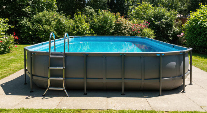 Above ground swimming pool in sunny backyard garden