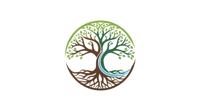 Tree of Life Symbol with Roots and Water Flowing, Circular Emblem