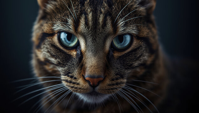 Closeup tabby cat face with green eyes, whisker detail, soft lighting, intimate mood