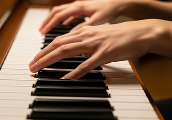 Obraz premium Close-up of pianist hands playing keys on a piano keyboard