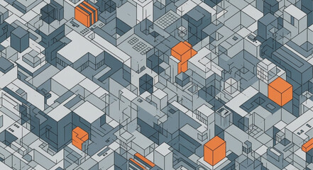 Isometric Abstract Cityscape with Geometric Buildings and Orange Accents. © Sriu