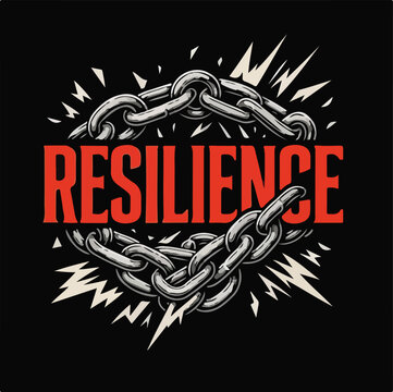 Bold typographic illustration featuring the word resilience written in red letters framed by a heavy metal link circular chain design