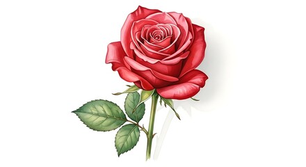 Naklejka premium Beautiful pink rose with green leaves isolated on white background, illustration