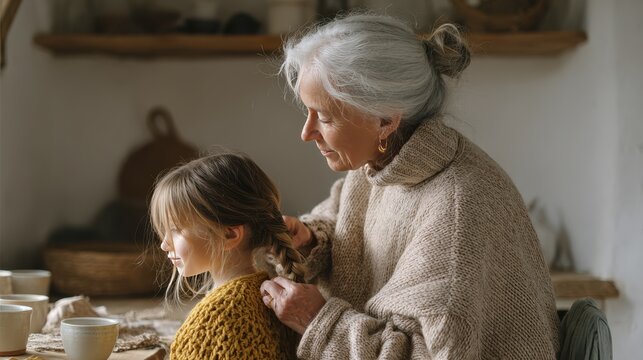 Grandmother braiding granddaughter's hair in cozy rustic kitchen setting