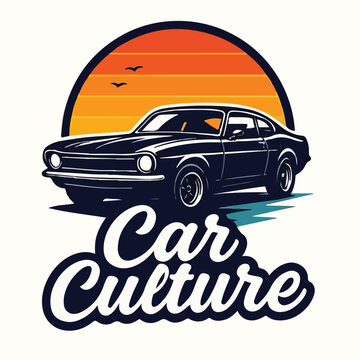 Vintage black classic car drives under a vibrant orange sunset sky with abstract water elements below the iconic branding