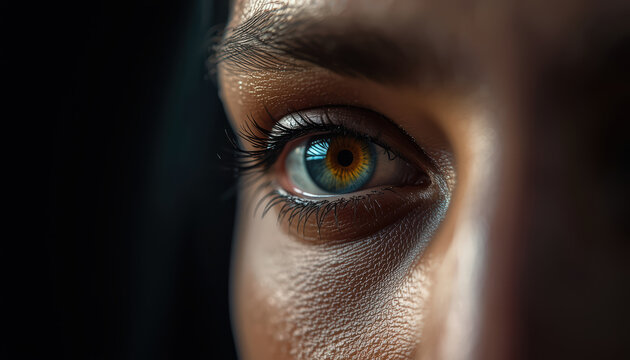 Close up of colorful hazel eye with detailed skin texture and reflective catchlight
