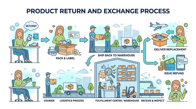 The product return and exchange process involves customers packing items and sending them back to a fulfillment center for inspection and possible exchange.