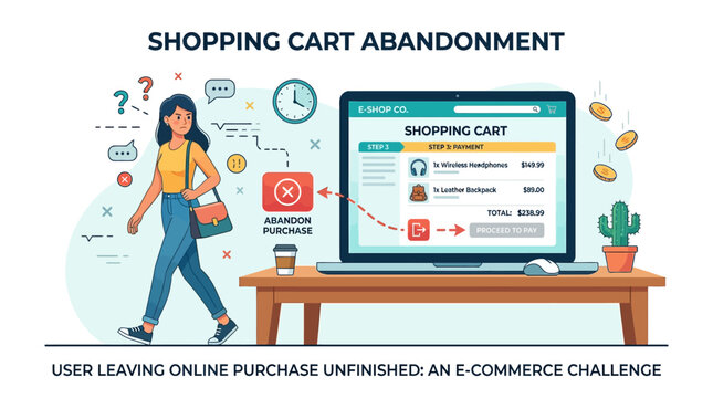 Illustration depicting a user abandoning an online shopping cart, highlighting the common e-commerce challenge of incomplete purchases and lost sales