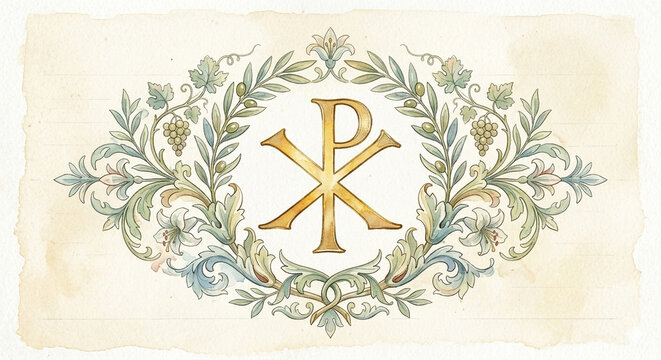 Watercolor Illustration of a Golden Chi-Rho Christian Monogram with an Ornate Floral Wreath.