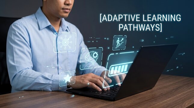 Adaptive Learning, Pathways, Education Technology, Artificial Intelligence, Personalization, E-learning, Professional Development concept with digital interface on laptop screen.