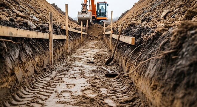 Excavator digging a deep earth trench at a construction site with shovels