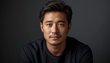Obraz premium Calm thoughtful man with relaxed shoulders and subtle smile in studio portrait