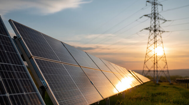 Inspiring beautiful view of solar panel array and power pylon in green field during bright sunset generating energy electricity