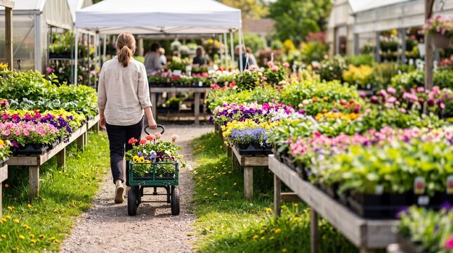 Rear view of a woman pulling a cart of blooming plants through a vibrant garden center. Spring shopping, horticulture, nursery, home gardening, and seasonal lifestyle concept.