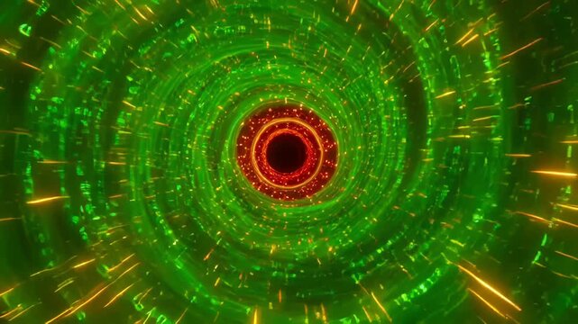 Abstract green digital vortex with red core and glowing binary code particles