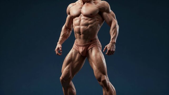 Muscular Man Posing in Athletic Stance Against a Dark Studio Background for Fitness Promotion