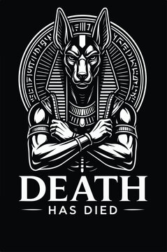 Iconic illustration of Anubis, the ancient Egyptian god of embalming and the afterlife, with crossed arms and intricate headdress