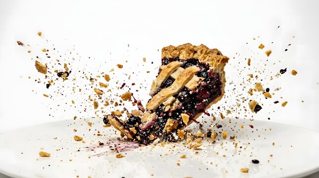 Berry pie slice shattering dramatically against white surface with crust fragments and fruit filling exploding in all directions.