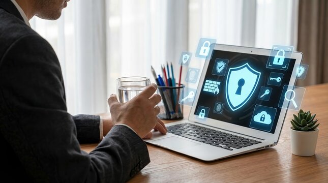 cyber security, data protection, network security, internet safety, digital privacy, businessman, laptop with glowing icons for information safety and advanced digital encryption.
