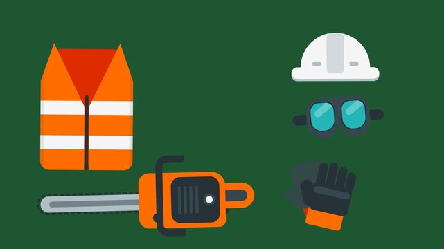 Flat Illustration of Chainsaw Safety Equipment and Personal Protective Gear on Green Background