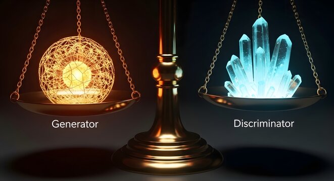 ai technology balance concept with glowing generator and discriminator on scales