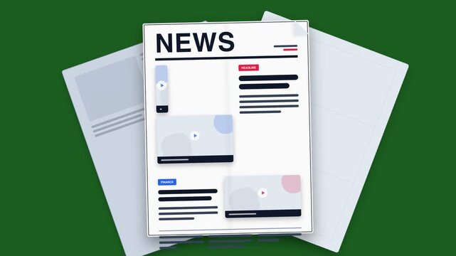 Animated Newspaper Layout with Headline and Finance Sections on Green Background for Digital Media and Journalism Concepts