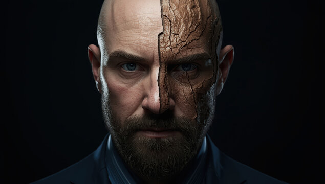 Weathered half face portrait with cracked clay texture, intense gaze, dramatic lighting