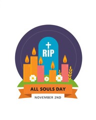 Fototapeta premium All souls day illustration with lit candles and rip tombstone isolated on white background