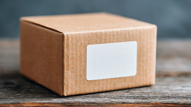 Macro shot of single plain shipping label on blank cardboard box resting on wooden table conveying calm anticipation of package delivery