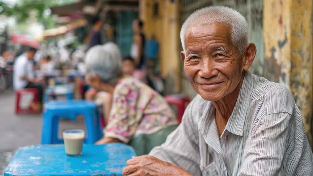 Vietnamese elderly couple enjoying traditional coffee. Peaceful morning scene in local community. Authentic lifestyle, elder generation. Relaxed moment, street cafe. Ageing with grace.