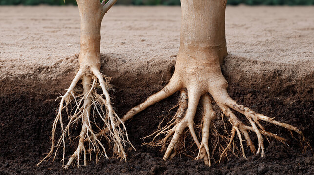 Macro shot of single plain strong thick tree root in deep dark soil beneath earth expressing an enduring grounded nature of plant