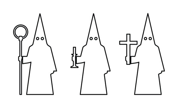 Spanish Holy Week nazarenos vector icons, penitent figures in traditional pointed hoods, religious procession silhouettes with cross and candle