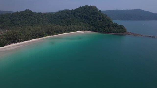 Aerial View Of Ao Jak Beach On Ko Kut Island, Thailand - Sandy Beach With Tropical Jungle And Turquoise Waters. pullback shot