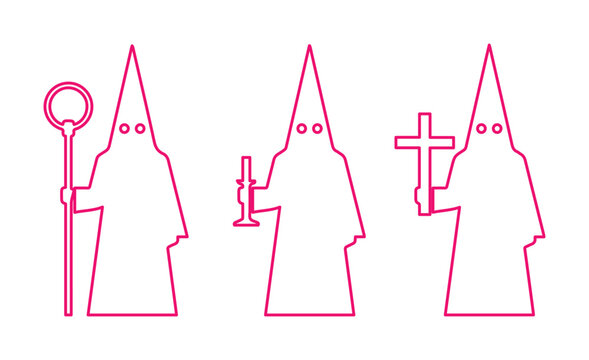 Spanish Holy Week nazarenos vector icons, penitent figures in traditional pointed hoods, Semana Santa religious procession silhouettes with cross and candle