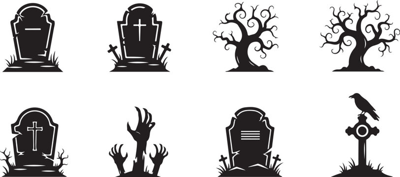 Halloween icons, tombstone set, black silhouettes, creepy grave markers