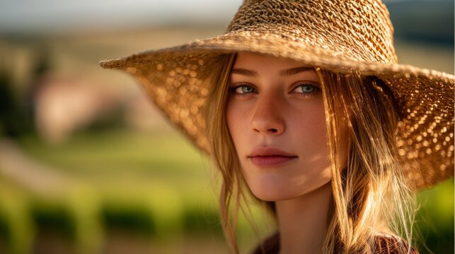 Close-up portrait of a young woman wearing a woven straw sun hat outdoors in warm natural light, with soft bokeh background and space for summer lifestyle design