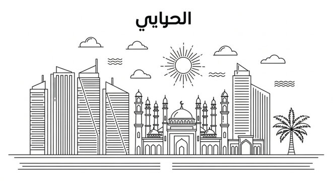 Riyadh City Skyline Line Art Vector with Modern Skyscrapers Mosque Minarets Palm Tree Sun and Clouds for Travel Tourism and Urban Design