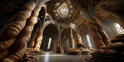 Naklejka premium Vast bread hall with arches. Imposing space decorated with loaves and ornate arches