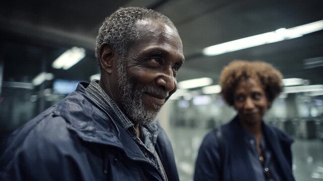 Senior African couple in subway. Thoughtful elderly man gazes forward, wife looks gently. Realistic scene, city travel, urban life. Candid moment, waiting for train, subdued lighting.